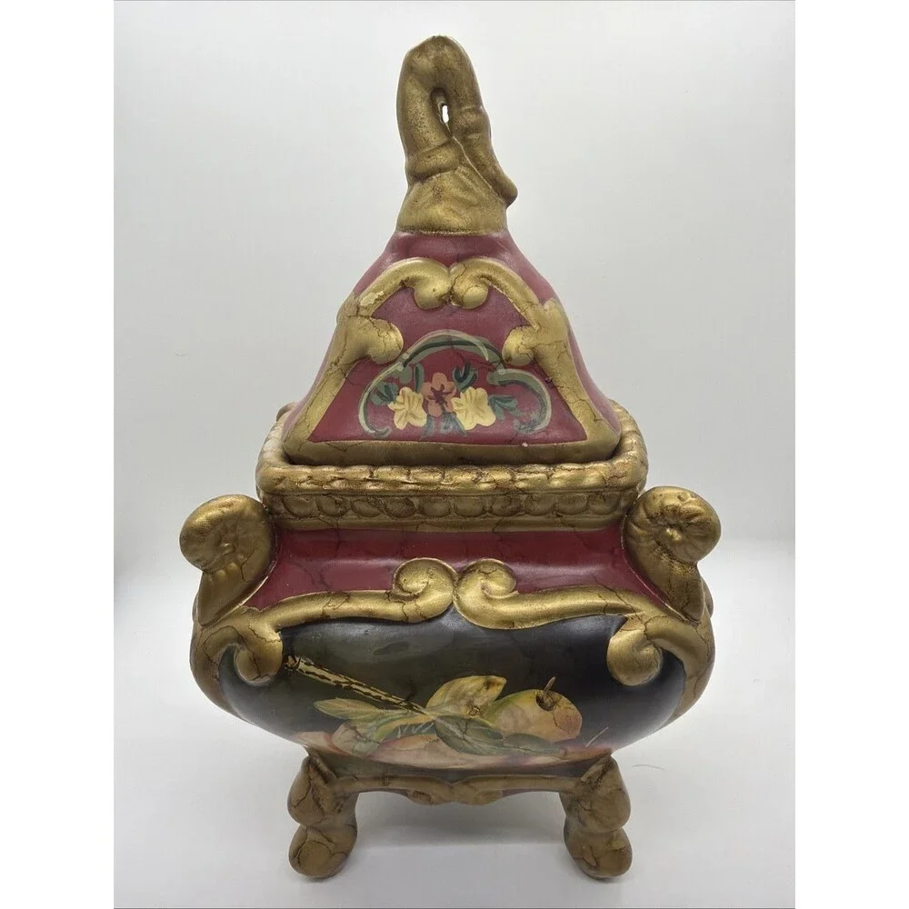 Raymond Waites Rare Vintage Ceramic Canister with Lid Ornate Gold footed W/fruit